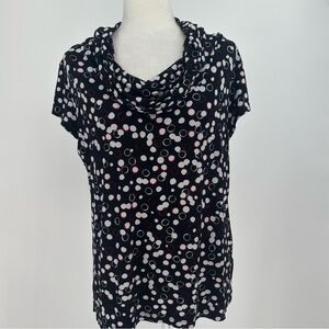 CHICO'S Size 3 Liquid Knit Drape Cowl Neck Top Cap Sleeves Black White Dots Red